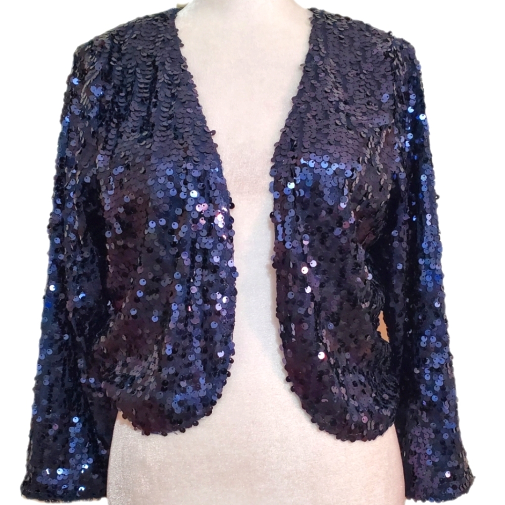 Joan Rivers Y2K blue sequin open front bolero shrug cropped dressy jacket S